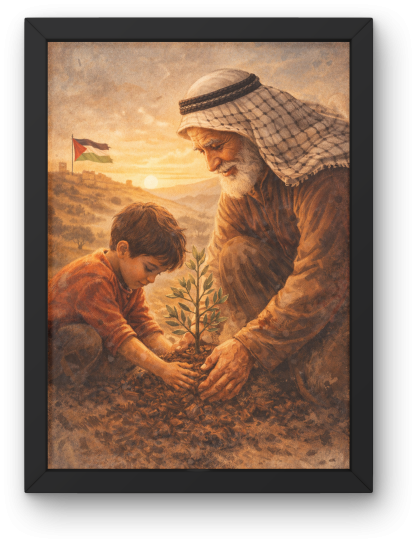 Rolled Poster – Palestinian Heritage Grandfather and Child Planting Tree Artwork