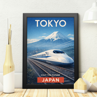 Tokyo Japan Travel Poster – Shinkansen Train and Mount Fuji Wall Art