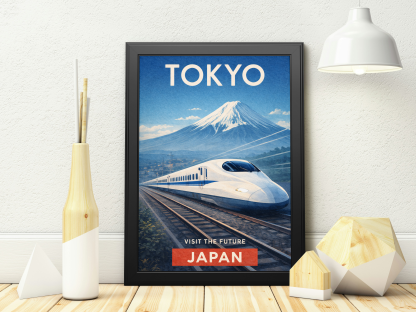 Tokyo Japan Travel Poster – Shinkansen Train and Mount Fuji Wall Art
