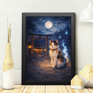 Rolled Poster – Mystical Japanese Shrine Cat Under the Moon