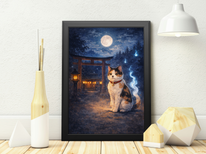 Rolled Poster – Mystical Japanese Shrine Cat Under the Moon