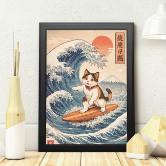 Rolled Poster – Japanese Wave Cat Surfer with Mount Fuji
