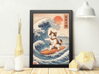 Rolled Poster – Japanese Wave Cat Surfer with Mount Fuji