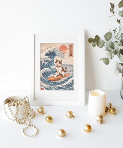 Rolled Poster – Japanese Wave Cat Surfer with Mount Fuji - Image 2
