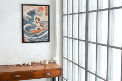 Rolled Poster – Japanese Wave Cat Surfer with Mount Fuji - Image 3