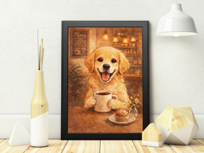 Golden Retriever Coffee Shop Rolled Poster