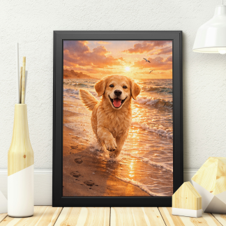 Golden Retriever Beach Sunset Rolled Poster