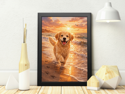 Golden Retriever Beach Sunset Rolled Poster