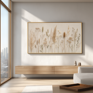 Minimalist Botanical Frame TV Art - Dried Grasses and Wild Botanical on Linen Background